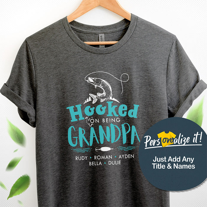 Hooked on Dad Shirt, Father Fishing Rod Tee, Personalized Shirt, Custom  Fishing Pole With Name 