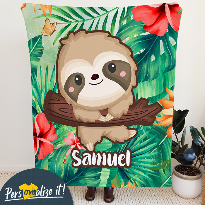 Personalized Sloth Tropical Forest Plush Fleece Blanket